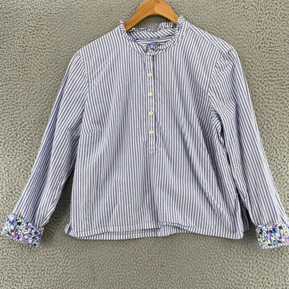 Talbots Tops - Talbots Top Womens L Petite Blue Striped Ruffle Neck Roll Tab Slv Contrast Cuffs